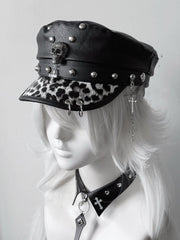 Y2K Gyaru Fashion Leopard PU Cross Charm Punk Studded Hat