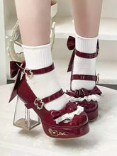 Wine Red Lolita Platform Mary Janes - High Block Heel with Bow Accents, Lace Trim & Transparent Heel Featuring Love Letter Decor