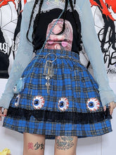 Y2K Blue Plaid Punk Skirt with Eye Embroidery and Lace Ruffle Trim