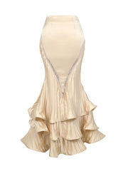 Pleated Design Layered Flowing Flounce Hem Light Beige Mermaid Skirt