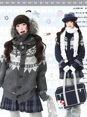 Navy Blue/Grey Daily Kawaii Cardigan with Toggle Button Closure & Jacquard Pattern