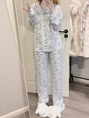 White & Blue Plaid Puppy Print Pajama Set Short/Long Sleeves Options