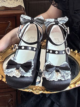 Satin Black Sweet Lolita Mary Janes - Low Heel with Lace Trim & Beaded Heart Snap