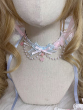 Sweet Lolita Pink & Blue Bow Choker with Bead Chain and Sakura Pendant