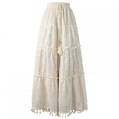 White Drawstring Waist Hollow-out Wide-Leg Pants with Tassel Cuffs Regular/Short Version