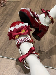Wine Red Spoon Decorated Bowknot Details Sweet Lolita 5cm High Block Heels