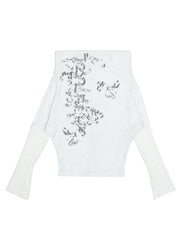 White Vintage Punk Off-Shoulder Totem Print Knit Top with Drop Shoulder Sleeves