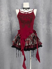 Red Cascading Ruffles Cami Top with Black Coverup Set