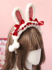 Sweet Lolita White Plush Bunny Ear KC with Red Bows