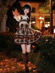 Brown Plaid Pattern Lolita Dress High Waist Autumnand Winter Lolita Jumper Skirt