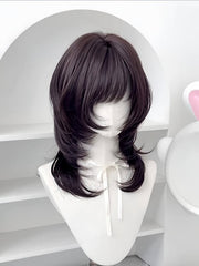 Black Tea 45CM Hime Cut Short Wavy Wig with Bangs