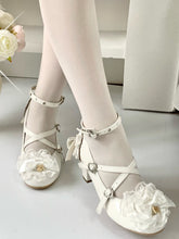 White Sweet Lolita Mary Janes with High Block Heel - Rhinestone Heart Closure, Lace Heart Details & Bow Accents
