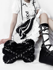 Black Punk Y2K Bone-Shaped Fleece Bag With Studded Crisscross Straps