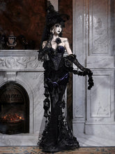 Beaded Flower Mesh Panels Shimmering Black Mermaid Skirt with Purple Rose Bow Accent