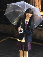 Dark Blue Preppy Style Badge Decorated Button Cuffs Design JK Uniform Blazer