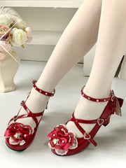 Wine Red Sweet Lolita High Block Heels in PU Leather - Crisscross Straps, Bow And Lace at Top & Rhinestone Heart Buckles