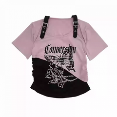 Y2K Red/Pink/Purple Colorblock Cutout Shoulder Butterfly Print T-Shirt Short Version