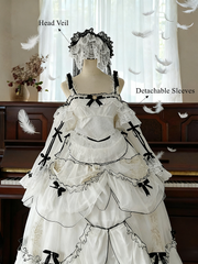 White & Black Ruffled Layers Sweet Lolita Dress Long Version+Train+Head Veil+Detachable Sleeves Full Set - Curve-Friendly Fit