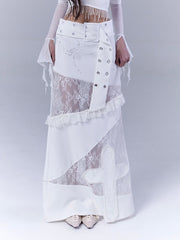 White Low Waist Lace Patches Cross Applique Punk Skirt with Buckle Belt