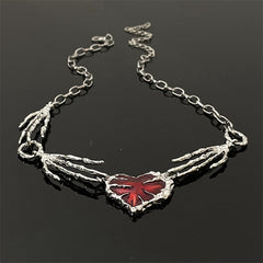Red Sweetheart Pendant Skeleton Claw Punk Necklace