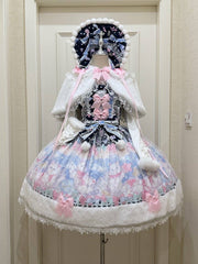 Dark Blue & Pink Cat Print Sweet Lolita Dress with Bow Accents and Fur Trim Hem