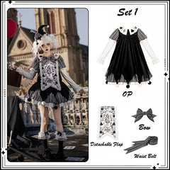 Black Stripes Clowncore Lolita Dress Set - Juliette Sleeves OP + Detachable Printed Panel + Bow + KC + Waist Belt