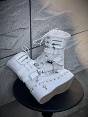 White Punk Platform Ankle Boots - Side-release Buckle Decor, Studded Accents & Cross Details