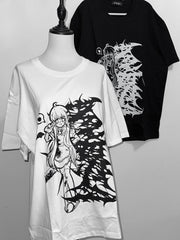 White/Black Jirai Kei Cartoon Girl Print Round Neck T-shirt