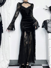 Halloween Gothic Black Mermaid Dress with Floral Lace & Bell Sleeves