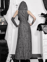 Wasteland Punk Gray Hooded Distressed Hole Sleeveless Dress with Thigh-High Slit & Arm Sleeve