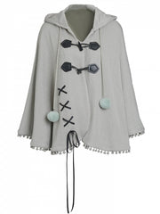 Mori Kei Dusty Green Hooded Cape with Pom-Pom Accents and Lace-Up Design