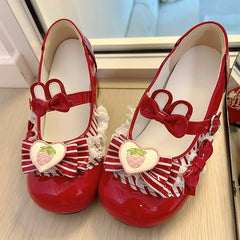 Wine Red Bunny Themed Sweet Lolita Mid-heel Mary Janes with Striped Bow, Bunny Ear Accents & Heart Snap Closure
