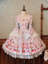 Strawberry Cake Print Blue Sweet Lolita Dress Long Bell Sleeves One Piece