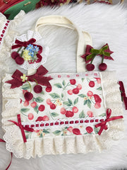 Sweet Lolita Cherry Print Lace Trim Canvas Handbag