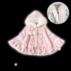 5 Colors Jirai Kei Zipper Style Fleece-lined Hooded Cape with Pom-poms, Bows and Ruffles