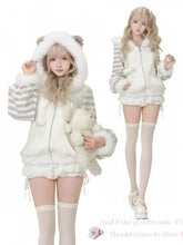 White & Gray Otaku Moe Hooded Jacket - Kitten Embroidery, Pompon Charm & Plush Trim with Stripes