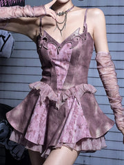 Dusty Pink Y2K Punk Studded Denim Slip Dress with Rhinestoned Totem Embroidery & Tiered Tulle Ruffles