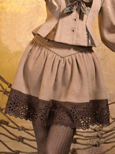 Steampunk Khaki Skirt with V-Waist & Brown Suede Cut-out Floral Hem