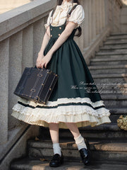 Beige Striped Blouse with Puff Sleeves and Ruffle Neckline