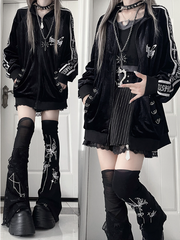 Gothic Black Velvet Tracksuit Jacketwith Sleeve Tape Text&Back Cross Print