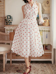 Retro Fashion Polka Dots Pattern Print Backless Dress Big Bow Back Halter Neck