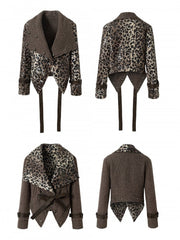 Vintage Punk Reversible Wool Coat with Leopard/Brown Fabric & PU Tie Straps