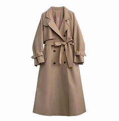 Khaki Elegant Long Windbreaker with Button Details on Notched Collar