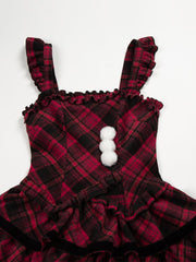Red and Black Plaid Pattern Winter Lolita Dress with White Plush Hemline and Bow Brooch