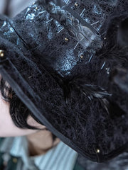 Steampunk Black PU Witch Hat With Bronze Stud And Black Feather