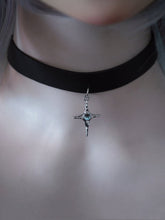 Silver Cross Pendant Black PU Choker