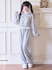 Sweet Sporty Jirai Kei Set: Gray Hoodie with White Lace Details/ Layered Skirt/ Elastic Waist Pants