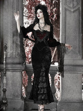 Romantic Goth Velvet & Lace Vampire Mermaid Dress with Heart-Embellished Square Neck