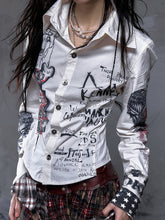 Vintage Punk Beige Shirt with Hand-Drawn Motifs & Studded Back Straps