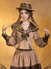 Steampunk Khaki Top with Brown PU Sailor Collar & Embroidered Lace Applique